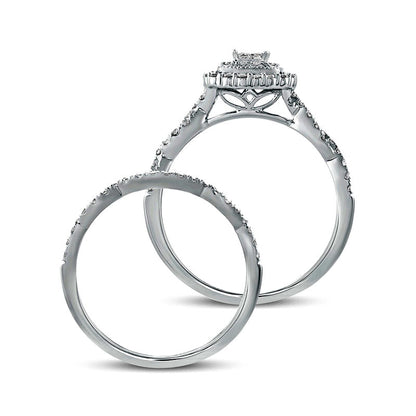 0.50 CT. T.W. Quad Princess-Cut Natural Diamond Cushion Frame Twist Shank Bridal Engagement Ring Set in Solid 10K White Gold