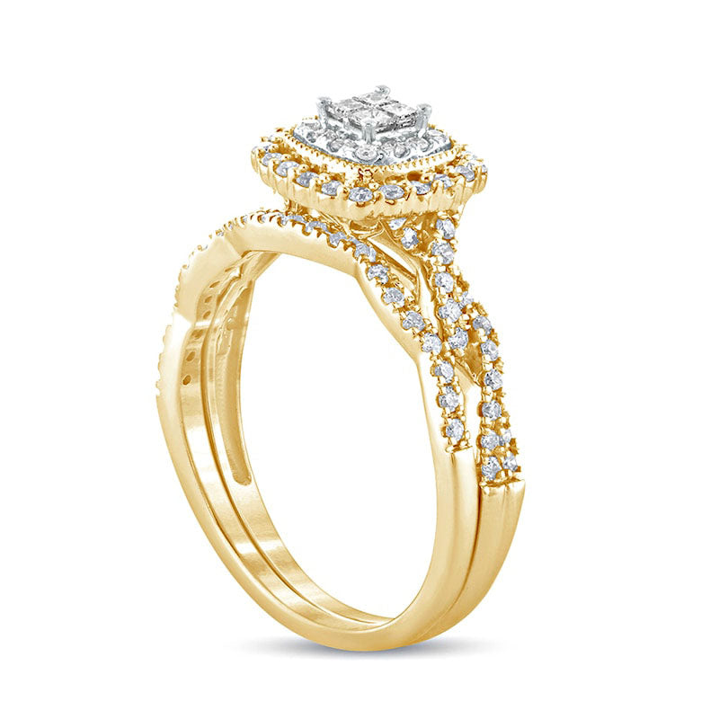 0.50 CT. T.W. Princess-Cut Quad Natural Diamond Frame Twist Shank Bridal Engagement Ring Set in Solid 10K Yellow Gold
