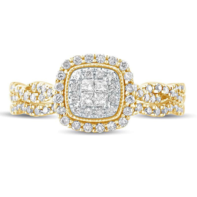 0.50 CT. T.W. Princess-Cut Quad Natural Diamond Frame Twist Shank Bridal Engagement Ring Set in Solid 10K Yellow Gold