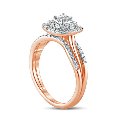 0.38 CT. T.W. Quad Princess-Cut Natural Diamond Double Cushion Frame Twist Shank Bridal Engagement Ring Set in Solid 10K Rose Gold
