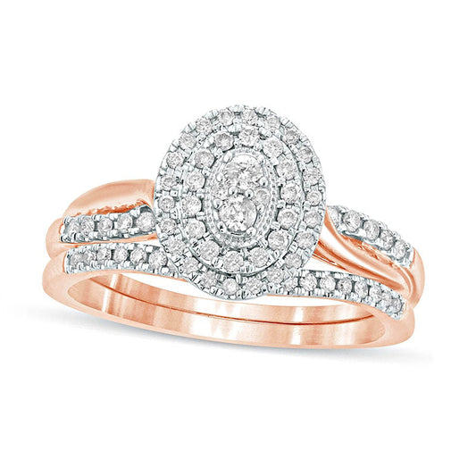 0.38 CT. T.W. Composite Oval Natural Diamond Frame Bridal Engagement Ring Set in Solid 10K Rose Gold