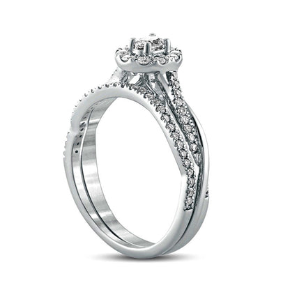 0.50 CT. T.W. Oval Natural Diamond Frame Twist Shank Bridal Engagement Ring Set in Solid 10K White Gold