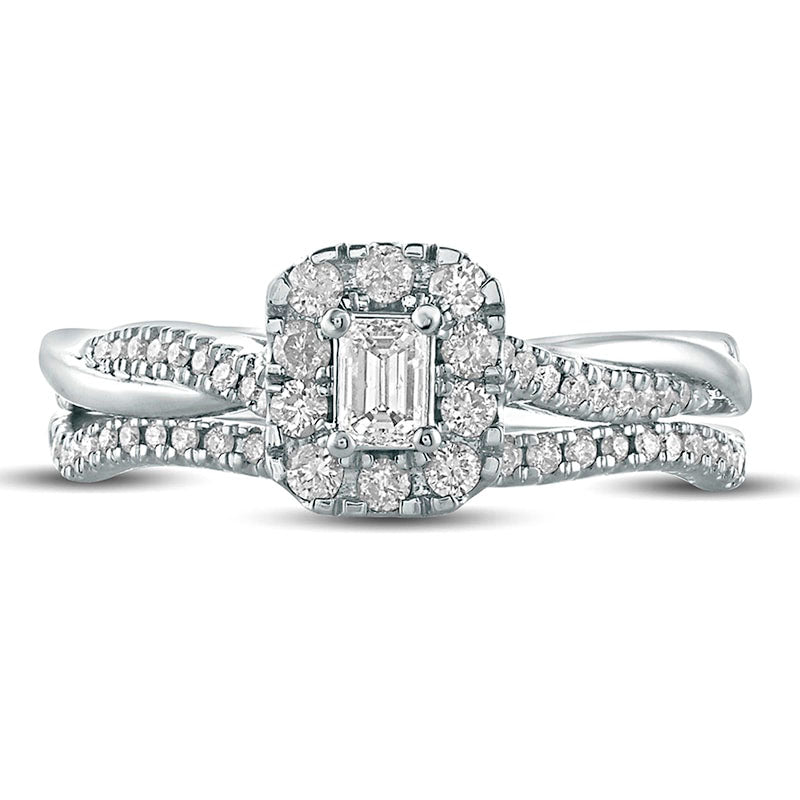 0.50 CT. T.W. Emerald-Cut Natural Diamond Frame Twist Shank Bridal Engagement Ring Set in Solid 10K White Gold