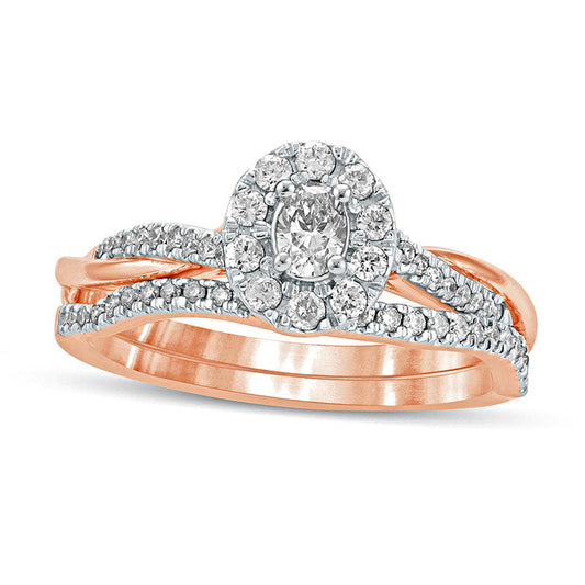 0.50 CT. T.W. Oval Natural Diamond Frame Twist Shank Bridal Engagement Ring Set in Solid 10K Rose Gold