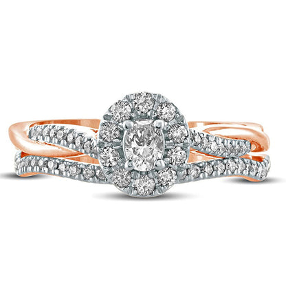 0.50 CT. T.W. Oval Natural Diamond Frame Twist Shank Bridal Engagement Ring Set in Solid 10K Rose Gold