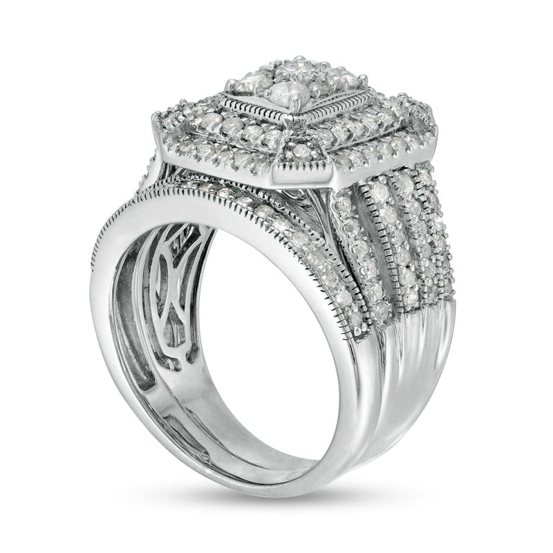 1.33 CT. T.W. Composite Emerald Natural Diamond Rectangle Frame Multi-Row Antique Vintage-Style Bridal Engagement Ring Set in Solid 10K White Gold