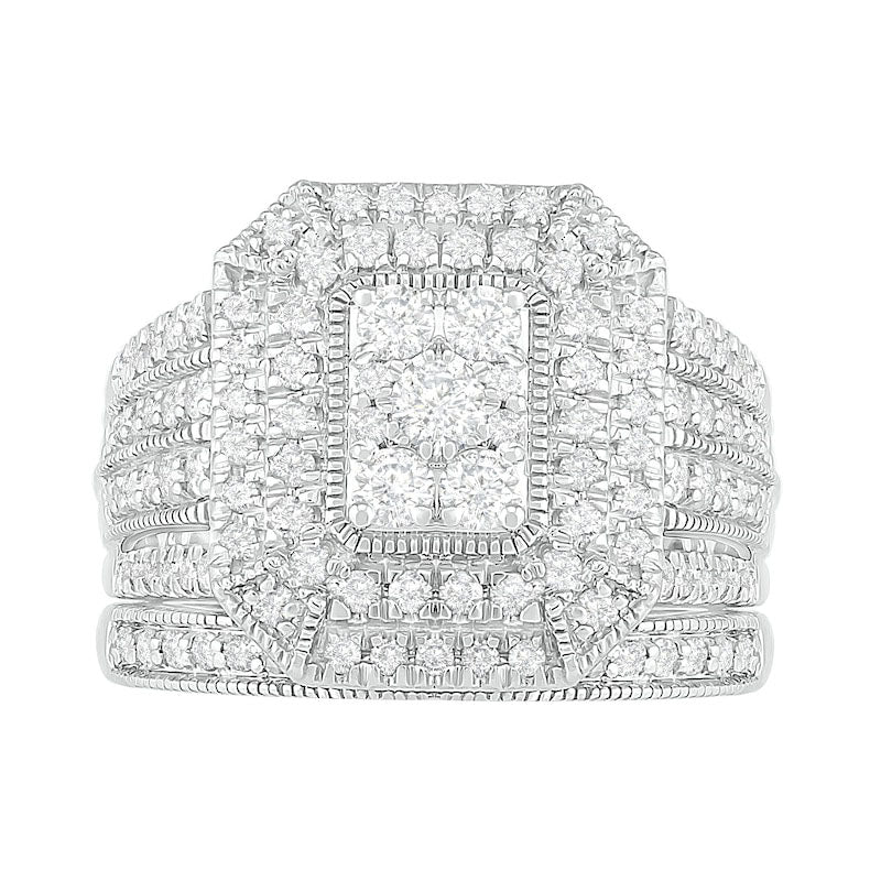 1.33 CT. T.W. Composite Emerald Natural Diamond Rectangle Frame Multi-Row Antique Vintage-Style Bridal Engagement Ring Set in Solid 10K White Gold