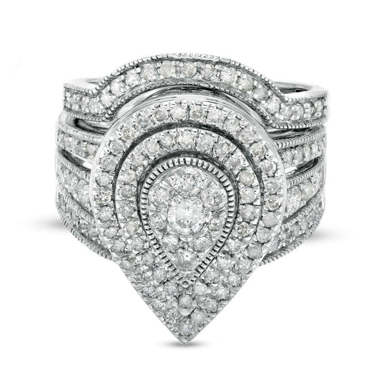 1.25 CT. T.W. Composite Pear Natural Diamond Frame Multi-Row Antique Vintage-Style Bridal Engagement Ring Set in Solid 10K White Gold
