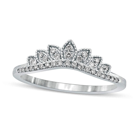 0.17 CT. T.W. Natural Diamond Leaf Crown Contour Antique Vintage-Style Wedding Band in Solid 10K White Gold