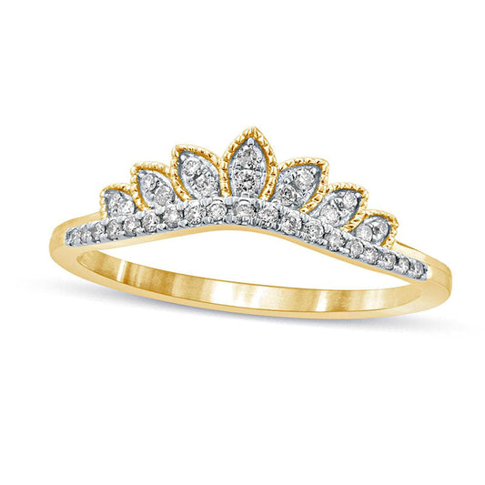 0.17 CT. T.W. Natural Diamond Leaf Crown Contour Antique Vintage-Style Wedding Band in Solid 10K Yellow Gold