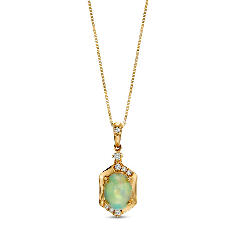Oval Opal and 0.05 CT. T.W. Natural Diamond Hexagon Frame Pendant in 14K Gold