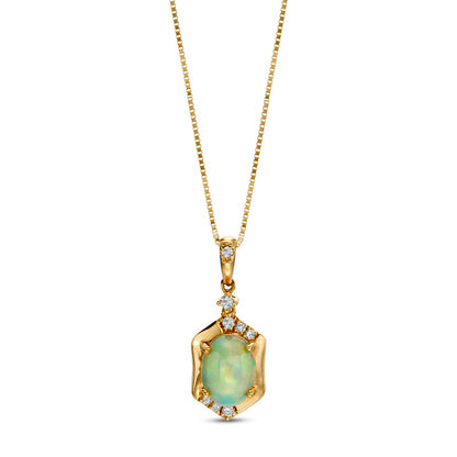 Oval Opal and 0.05 CT. T.W. Natural Diamond Hexagon Frame Pendant in 14K Gold