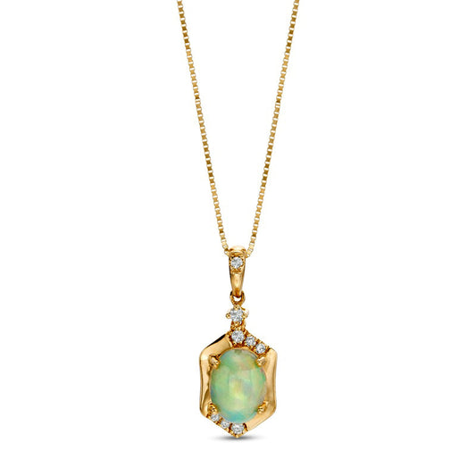 Oval Opal and 0.05 CT. T.W. Natural Diamond Hexagon Frame Pendant in 14K Gold