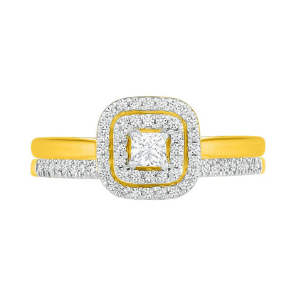 0.38 CT. T.W. Princess-Cut Natural Diamond Double Cushion Frame Bridal Engagement Ring Set in Solid 10K Yellow Gold