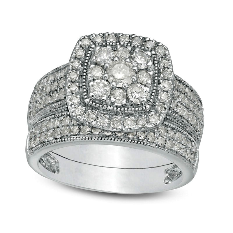 1.33 CT. T.W. Composite Cushion Natural Diamond Frame Multi-Row Antique Vintage-Style Bridal Engagement Ring Set in Solid 10K White Gold