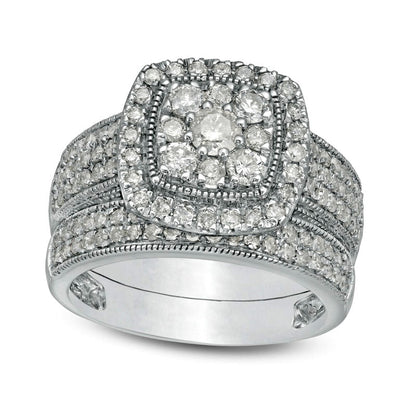 1.33 CT. T.W. Composite Cushion Natural Diamond Frame Multi-Row Antique Vintage-Style Bridal Engagement Ring Set in Solid 10K White Gold