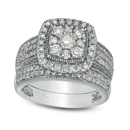 1.33 CT. T.W. Composite Cushion Natural Diamond Frame Multi-Row Antique Vintage-Style Bridal Engagement Ring Set in Solid 10K White Gold