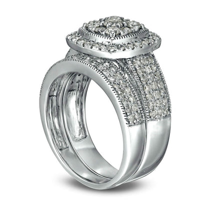1.33 CT. T.W. Composite Cushion Natural Diamond Frame Multi-Row Antique Vintage-Style Bridal Engagement Ring Set in Solid 10K White Gold