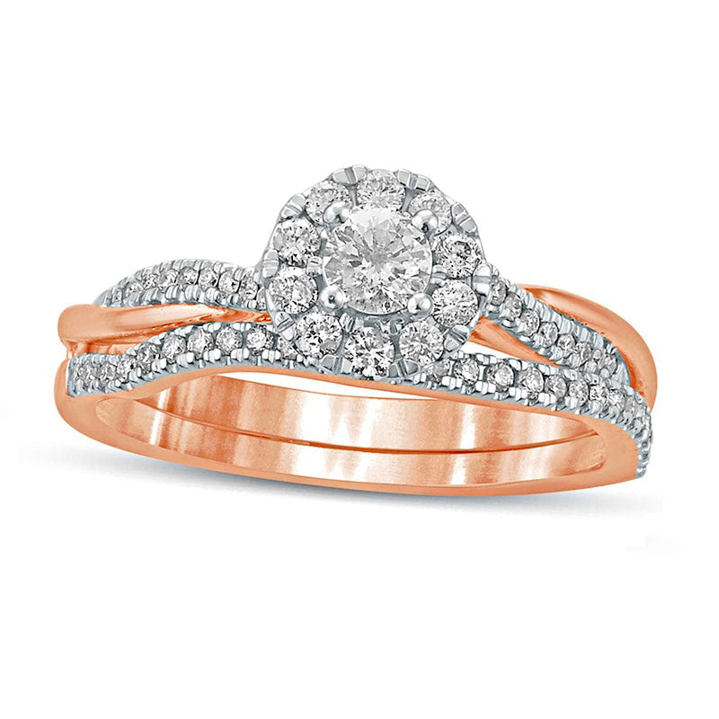 0.50 CT. T.W. Natural Diamond Frame Twist Shank Bridal Engagement Ring Set in Solid 10K Rose Gold