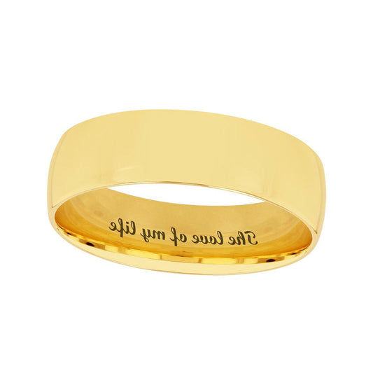 6.0mm Comfort-Fit Engravable Wedding Band in Solid 14K White, Yellow or Rose Gold (1 Line)