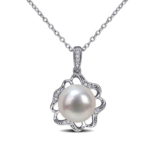 9.5-10.0mm Button Cultured Freshwater Pearl and 0.05 CT. T.W. Natural Diamond Clover Frame Drop Pendant in Sterling Silver