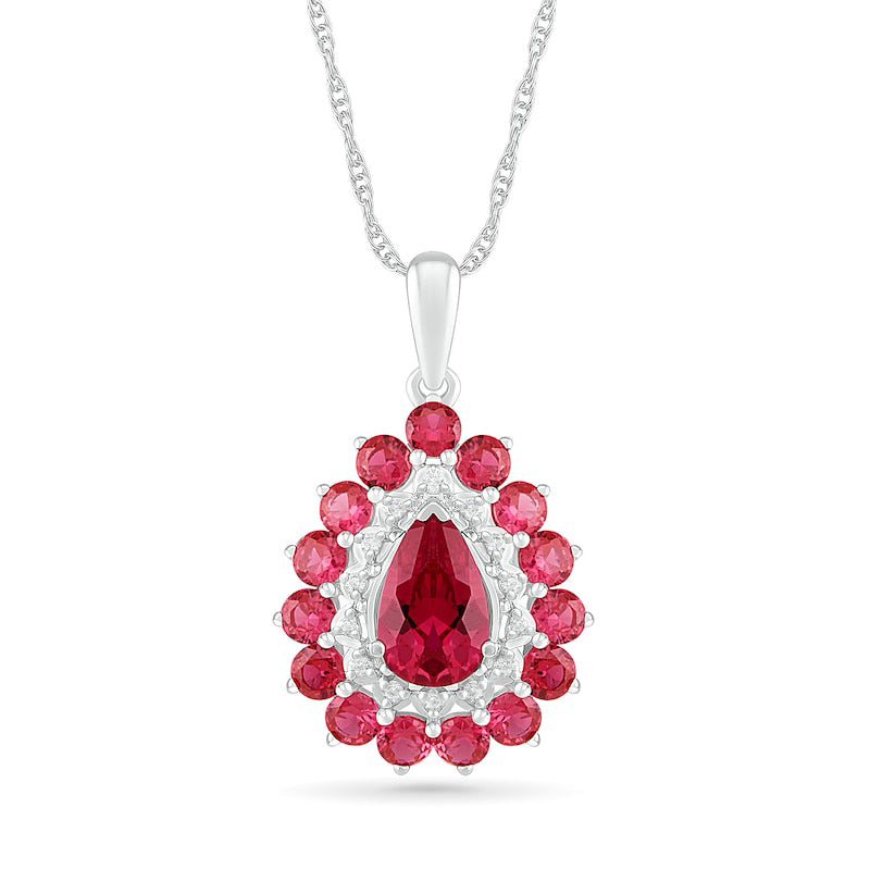 Pear-Shaped Lab-Created Ruby and White Sapphire Double Frame Drop Pendant in Sterling Silver
