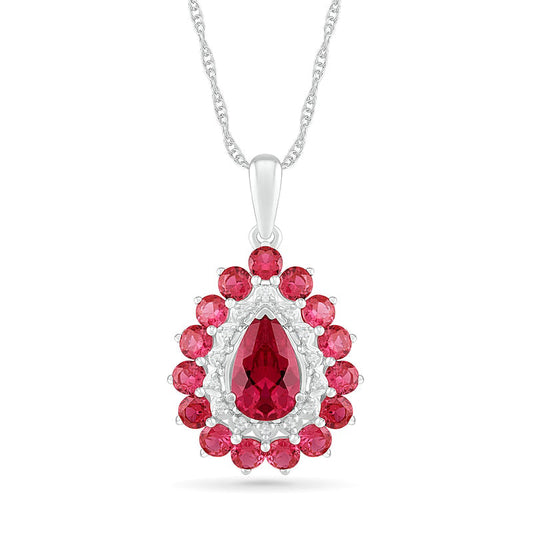 Pear-Shaped Lab-Created Ruby and White Sapphire Double Frame Drop Pendant in Sterling Silver