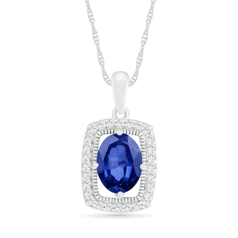 Oval Blue and White Lab-Created Sapphire Open Cushion Frame Antique Vintage-Style Pendant in Sterling Silver