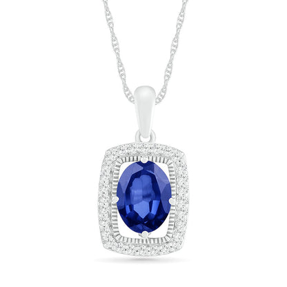 Oval Blue and White Lab-Created Sapphire Open Cushion Frame Antique Vintage-Style Pendant in Sterling Silver