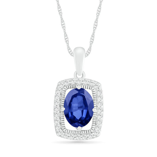 Oval Blue and White Lab-Created Sapphire Open Cushion Frame Antique Vintage-Style Pendant in Sterling Silver