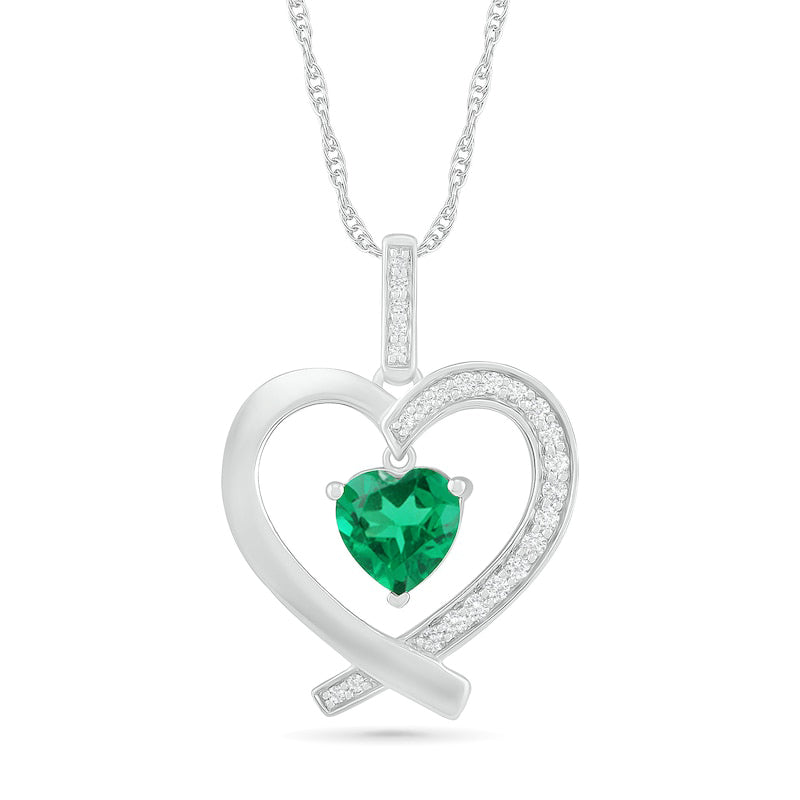 7.0mm Lab-Created Emerald and White Sapphire Ribbon Heart Pendant in Sterling Silver