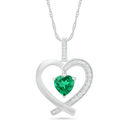 7.0mm Lab-Created Emerald and White Sapphire Ribbon Heart Pendant in Sterling Silver