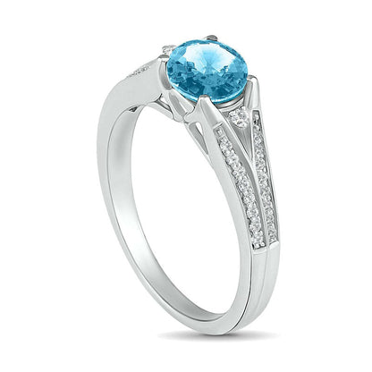 6.0mm Aquamarine and Lab-Created White Sapphire Split Shank Ring in Sterling Silver