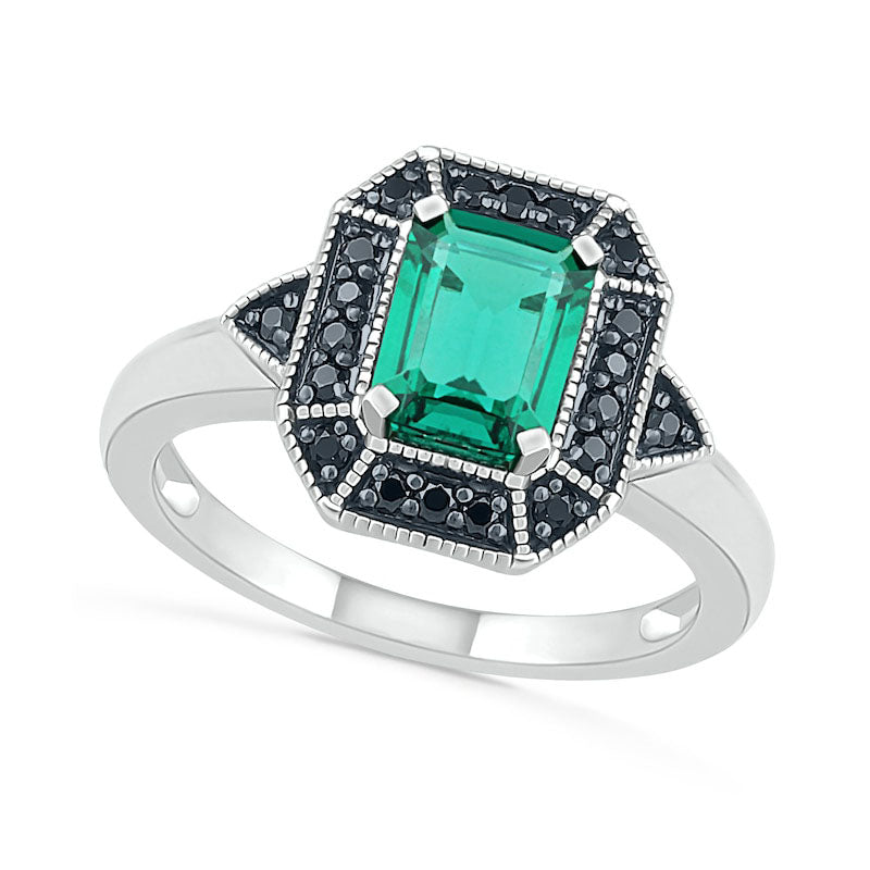 Emerald-Cut Lab-Created Emerald and 0.17 CT. T.W. Enhanced Black Diamond Frame Antique Vintage-Style Ring in Sterling Silver