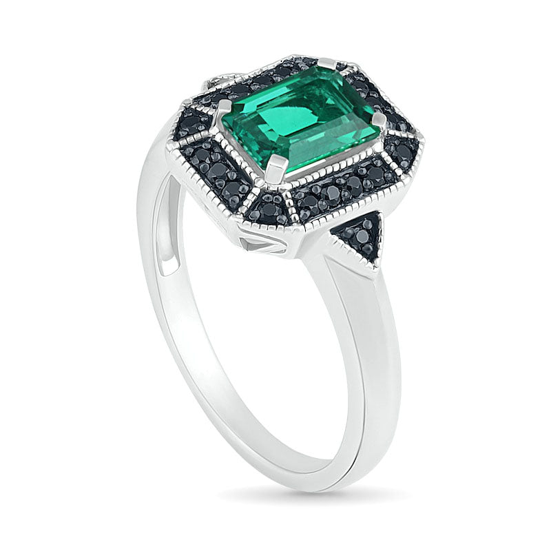 Emerald-Cut Lab-Created Emerald and 0.17 CT. T.W. Enhanced Black Diamond Frame Antique Vintage-Style Ring in Sterling Silver