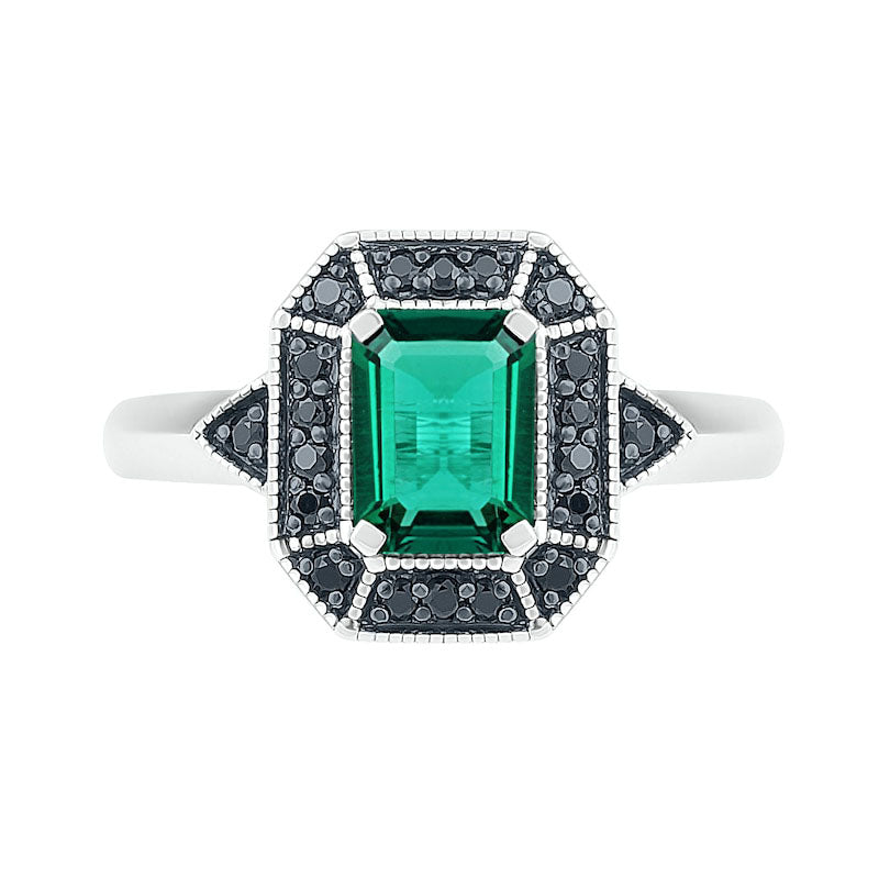 Emerald-Cut Lab-Created Emerald and 0.17 CT. T.W. Enhanced Black Diamond Frame Antique Vintage-Style Ring in Sterling Silver