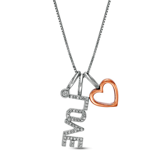 0.05 CT. T.W. Natural Diamond Outline Heart, LOVE" and Circle Charm Pendant in Sterling Silver and 10K Rose Gold"