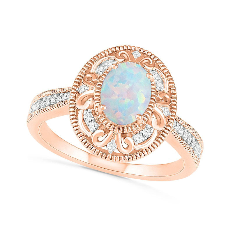 Oval Lab-Created Opal and 0.13 CT. T.W. Diamond Filigree Frame Antique Vintage-Style Ring in Solid 10K Rose Gold