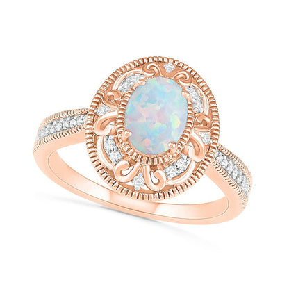 Oval Lab-Created Opal and 0.13 CT. T.W. Diamond Filigree Frame Antique Vintage-Style Ring in Solid 10K Rose Gold