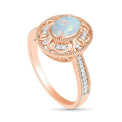 Oval Lab-Created Opal and 0.13 CT. T.W. Diamond Filigree Frame Antique Vintage-Style Ring in Solid 10K Rose Gold