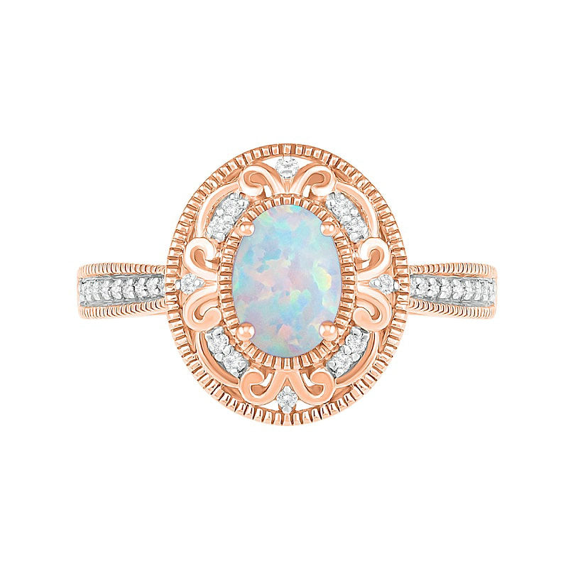 Oval Lab-Created Opal and 0.13 CT. T.W. Diamond Filigree Frame Antique Vintage-Style Ring in Solid 10K Rose Gold