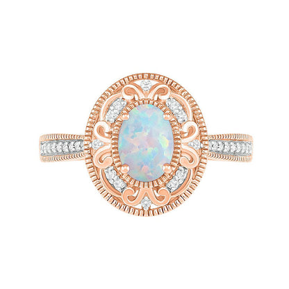Oval Lab-Created Opal and 0.13 CT. T.W. Diamond Filigree Frame Antique Vintage-Style Ring in Solid 10K Rose Gold