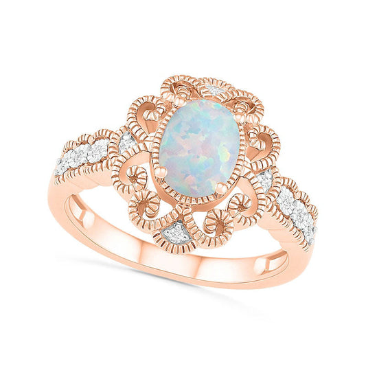 Oval Lab-Created Opal and 0.05 CT. T.W. Diamond Scroll Frame Scallop Shank Antique Vintage-Style Ring in Solid 10K Rose Gold