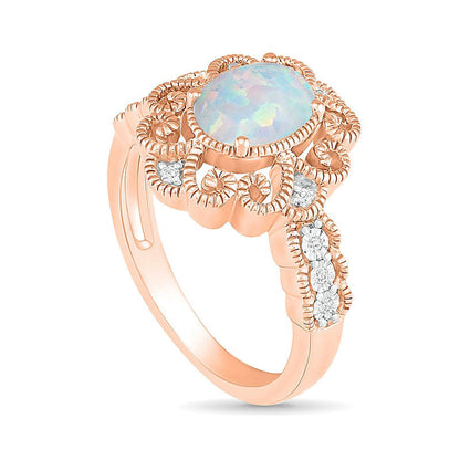 Oval Lab-Created Opal and 0.05 CT. T.W. Diamond Scroll Frame Scallop Shank Antique Vintage-Style Ring in Solid 10K Rose Gold