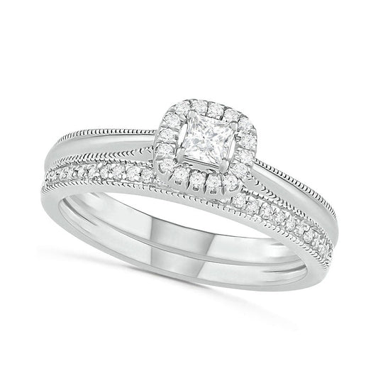 0.33 CT. T.W. Princess-Cut Natural Diamond Frame Antique Vintage-Style Bridal Engagement Ring Set in Solid 10K White Gold