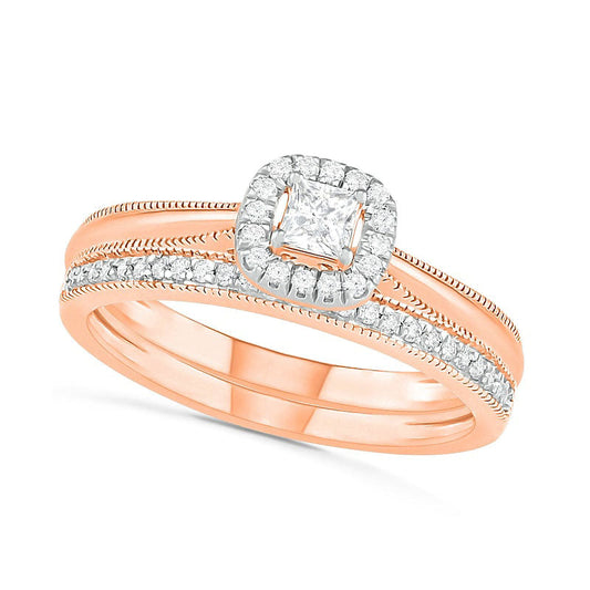 0.33 CT. T.W. Princess-Cut Natural Diamond Frame Antique Vintage-Style Bridal Engagement Ring Set in Solid 10K Rose Gold