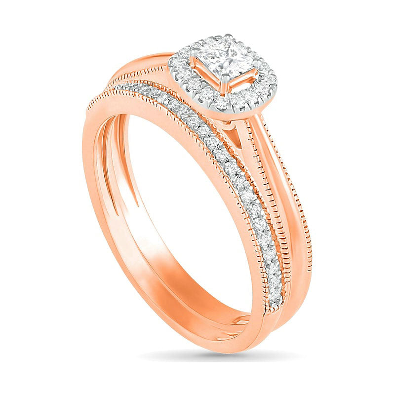 0.33 CT. T.W. Princess-Cut Natural Diamond Frame Antique Vintage-Style Bridal Engagement Ring Set in Solid 10K Rose Gold