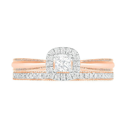 0.33 CT. T.W. Princess-Cut Natural Diamond Frame Antique Vintage-Style Bridal Engagement Ring Set in Solid 10K Rose Gold