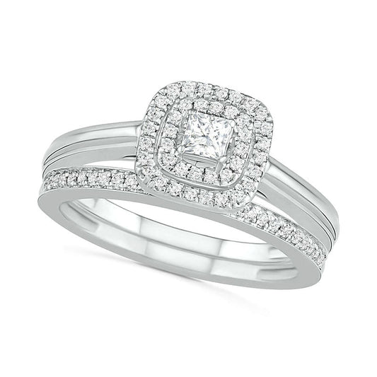 0.38 CT. T.W. Princess-Cut Natural Diamond Double Frame Bridal Engagement Ring Set in Solid 10K White Gold