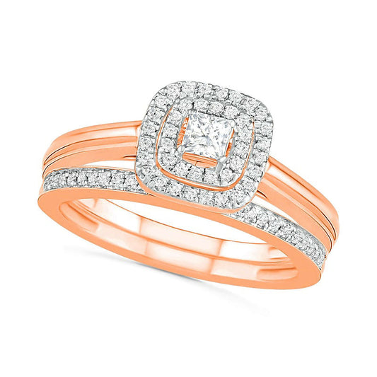 0.38 CT. T.W. Princess-Cut Natural Diamond Double Frame Bridal Engagement Ring Set in Solid 10K Rose Gold